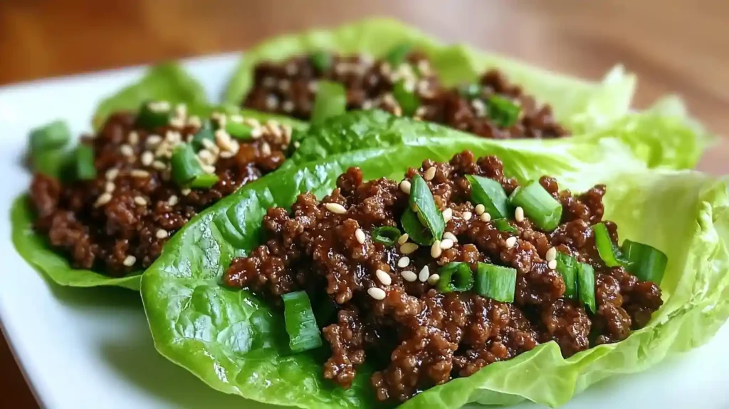 Fresh Korean Ground Beef Lettuce Wraps with sesame seeds and green onions on white plate in a modern kitchen