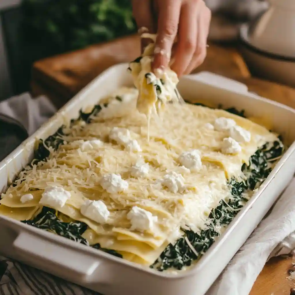 The Best Lasagna with Bechamel Sauce and Spinach 4 Assembling lasagna with béchamel sauce and spinach and ricotta layers