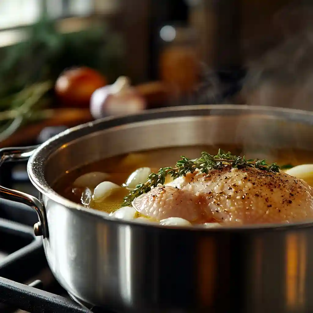 Grandma Chicken Soup A Timeless Classic for Every Kitchen 3 Chicken and vegetables simmering in a pot to make Grandma Chicken Soup’s rich, golden broth.