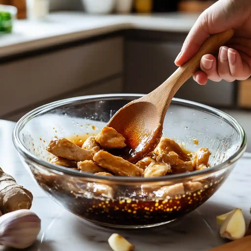 Chinese Chicken Fingers: The Ultimate Crispy Asian Chicken Recipe You’ll Love 3 Glass bowl with Chinese chicken fingers coated in soy sauce marinade, hand stirring in a bright modern kitchen