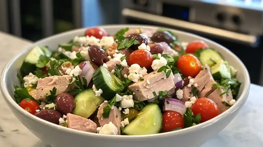 Fresh Mediterranean Tuna Salad Recipe with tuna, vegetables, olives, feta, and olive oil in a modern kitchen.