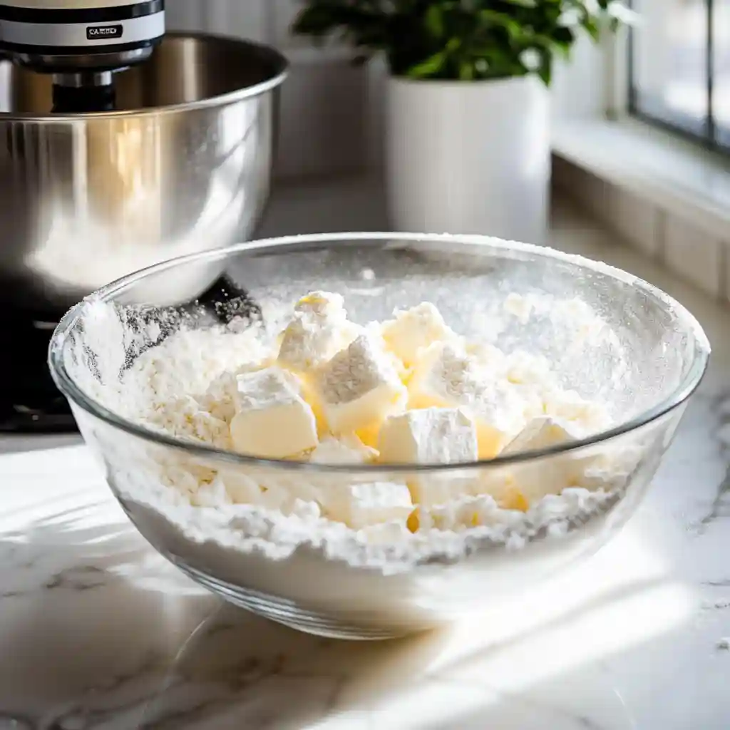 Best Italian Cream Cake You’ll Ever Bake 3 Mixing dry ingredients and butter for Italian Cream Cake batter in a glass bowl on a kitchen counter.