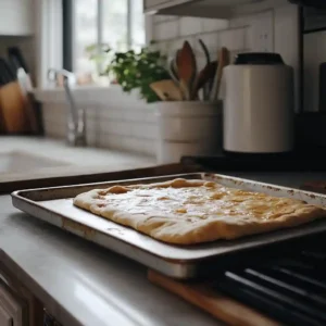 Partially baked pizza dough on a baking sheet on a modern kitchen counter.