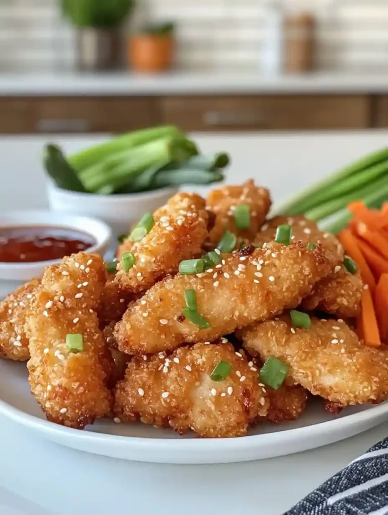 Chinese Chicken Fingers: The Ultimate Crispy Asian Chicken Recipe You’ll Love 6 Crispy Chinese chicken fingers on a white plate with sesame garnish and dipping sauces in a modern kitchen