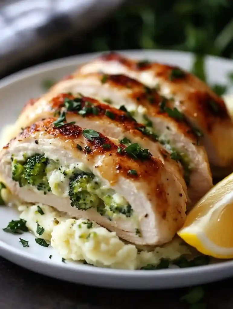Broccoli Stuffed Chicken That Will Blow Your Mind 3 Broccoli stuffed chicken breast sliced to showcase the filling, garnished with parsley and lemon wedge, plated over mashed cauliflower.