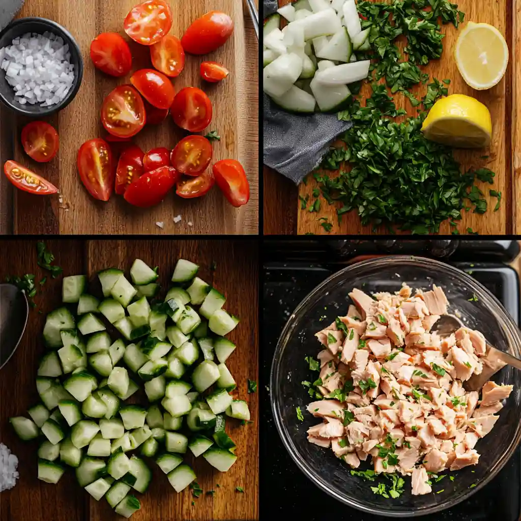 Easy Mediterranean Tuna Salad Recipe: Fresh & Healthy! 3 Step-by-step visual of making Mediterranean tuna salad recipe: chopping, flaking tuna, mixing ingredients, and final toss with parsley.