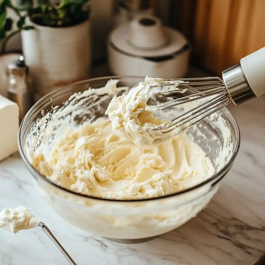 Best Italian Cream Cake You’ll Ever Bake 6 Mixing creamy cream cheese frosting for Italian Cream Cake in a glass bowl.