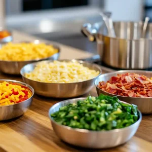 Beaten eggs and fresh toppings prepared on a modern kitchen counter for breakfast pizza for schools.