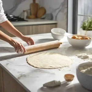 Rolling out whole wheat pizza dough on a modern kitchen counter for breakfast pizza for schools.