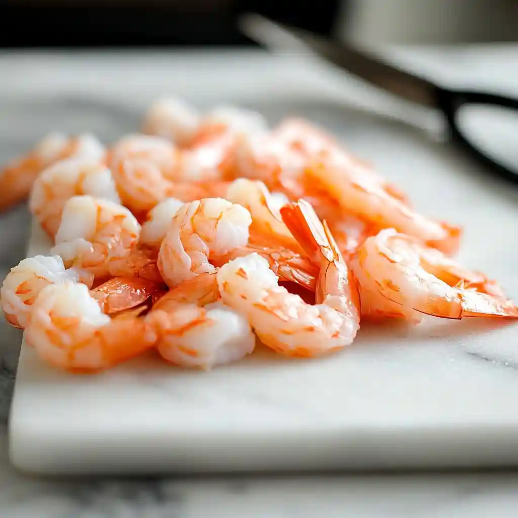 Rock Shrimp Tempura Recipe Easy & Crispy Nobu Style 3 Raw rock shrimp tempura being peeled and deveined on a marble board.