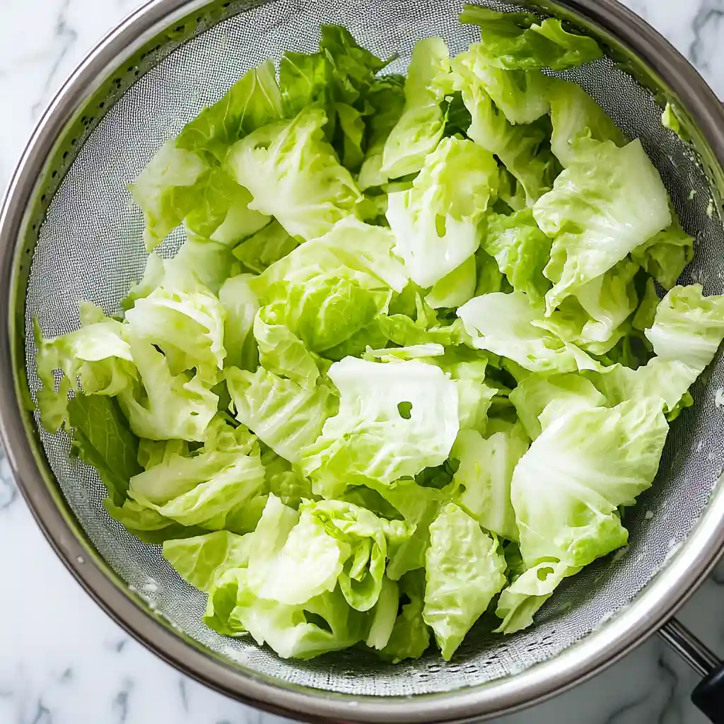 Mexican Caesar Salad 3 Rinsed romaine lettuce being chopped and prepped for Mexican Caesar Salad on a clean marble surface.