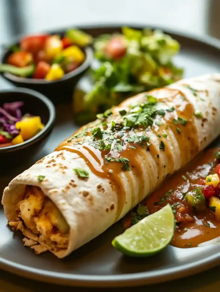 Best Breakfast Burrito Sauce Recipe for Flavorful Mornings 5 Breakfast burrito drizzled with breakfast burrito sauce, garnished with cilantro, lime, and cheese, served with a side of salad, fruit, and salsa.