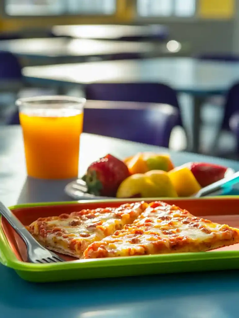 Healthy Breakfast Pizza for Schools Easy & Delicious Recipe 3 Rectangular breakfast pizza slices on a colorful tray with fresh fruit and juice, ideal breakfast pizza for schools presentation.