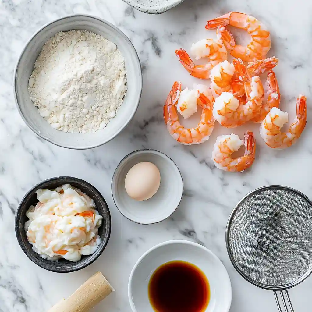 Rock Shrimp Tempura Recipe Easy & Crispy Nobu Style 2 Flat lay of ingredients for Rock Shrimp Tempura on marble in a modern kitchen.