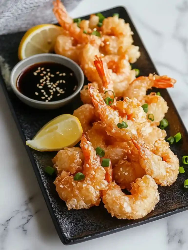 Rock Shrimp Tempura Recipe Easy & Crispy Nobu Style 7 Beautifully plated Rock Shrimp Tempura with garnishes on marble.