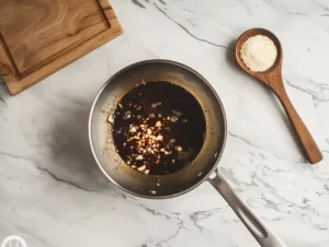 Homemade teriyaki sauce simmering in saucepan with whisk and ingredients for teriyaki beef steak recipe