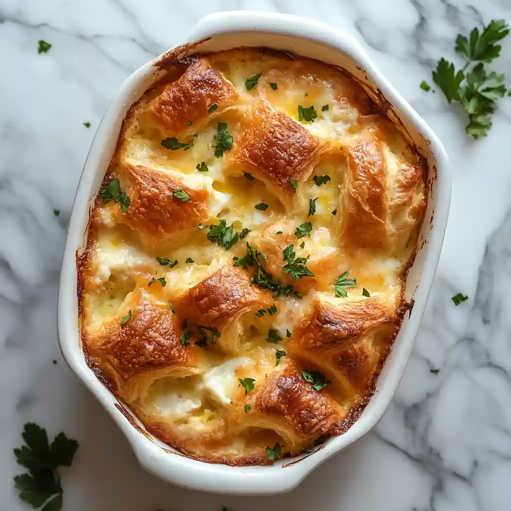 Breakfast Croissant Recipe Easy Brunch Ideas & Bakes 4 A breakfast croissant recipe featuring a golden croissant sandwich filled with scrambled eggs, sausage, and melted cheese on a plate.