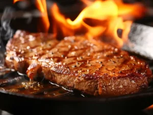 Sirloin steak searing in hot cast iron skillet with visible crust forming for teriyaki beef steak recipe