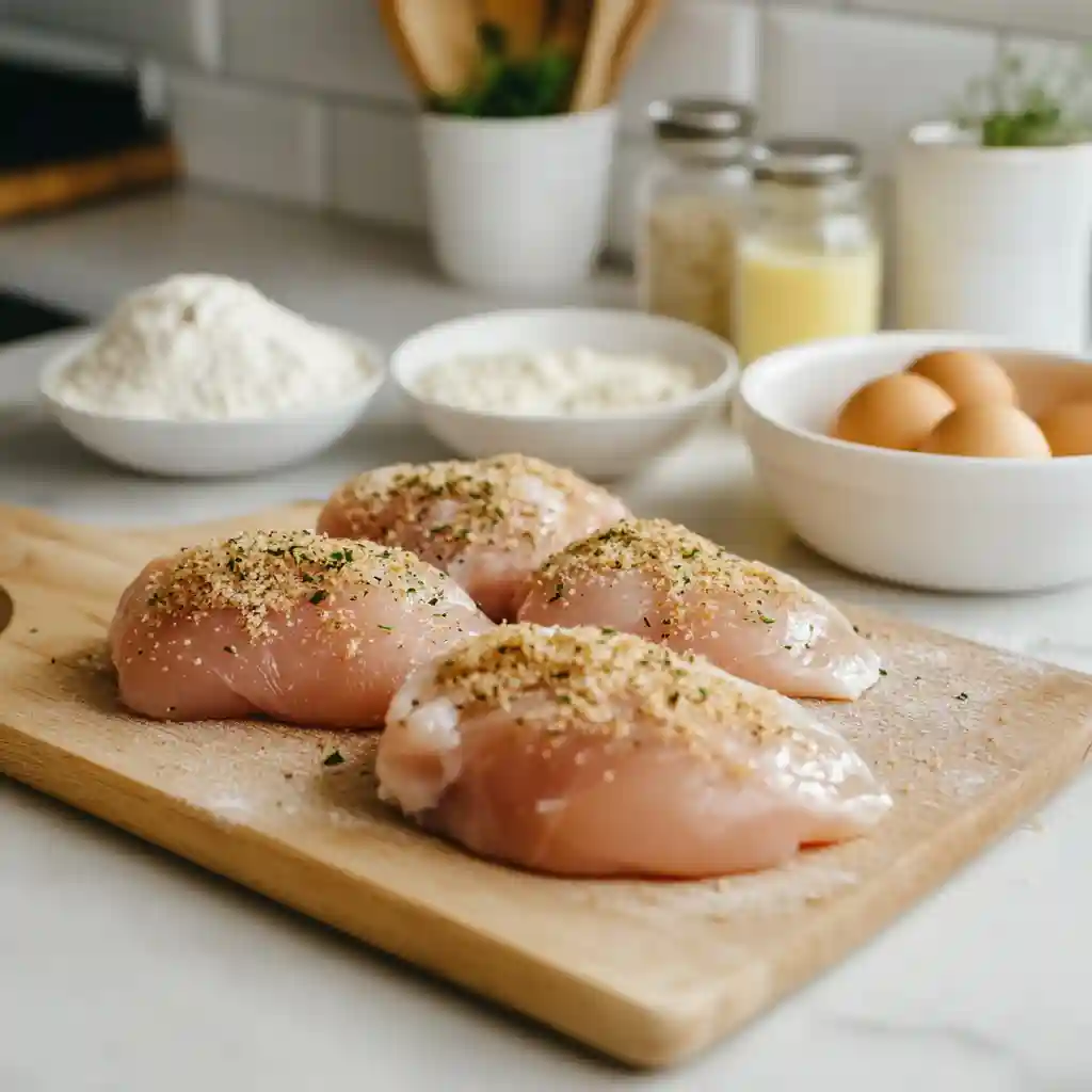 Best Chicken Parmesan Recipe–Easy, Classic & Baked Options 3 Raw chicken breasts being seasoned and prepped with flour, eggs, and breadcrumbs for Chicken Parmesan Recipe.