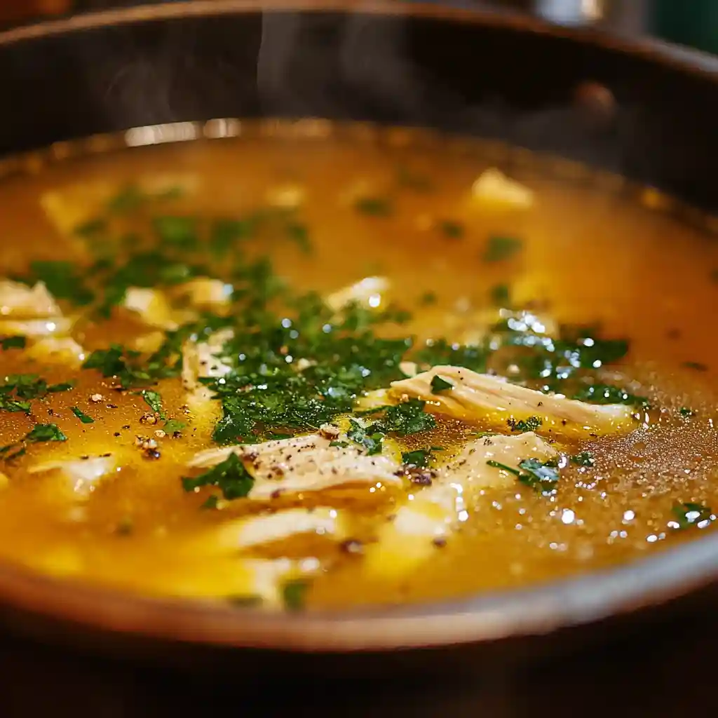 Grandma Chicken Soup A Timeless Classic for Every Kitchen 5 Final seasoning and fresh parsley garnish on Grandma Chicken Soup before serving.