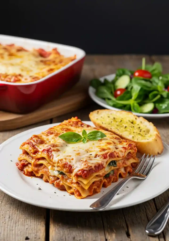 6 Steps to Classic American Beauty Lasagna Everyone Will Love 5 A plated slice of American Beauty Lasagna with fresh salad and garlic bread on a wooden table.