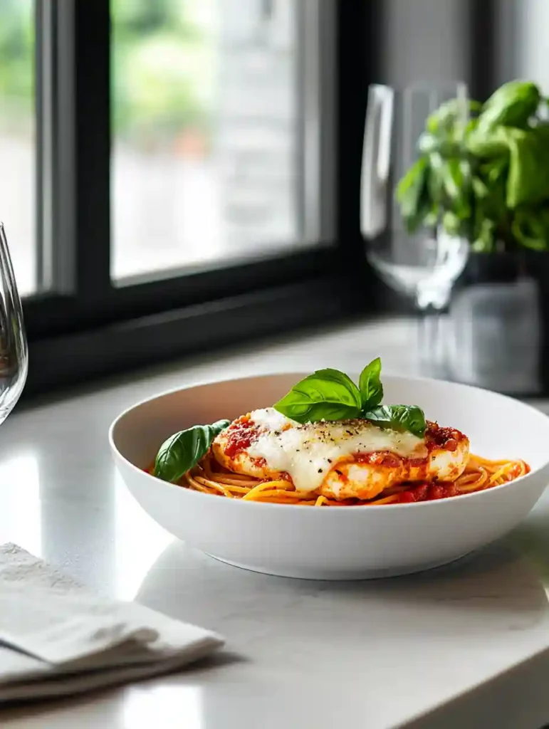 Best Chicken Parmesan Recipe–Easy, Classic & Baked Options 7 Chicken Parmesan served on plate with spaghetti and basil garnish in modern kitchen.