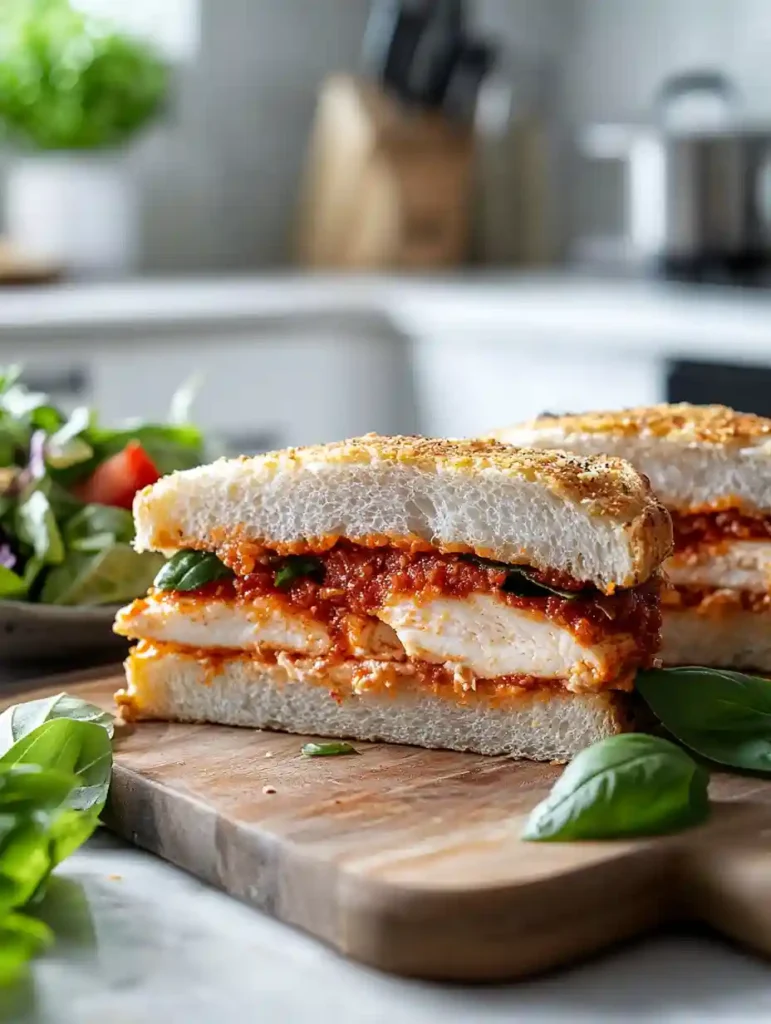Best Chicken Parmesan Sandwich Recipe at Home 8 Chicken Parmesan Sandwich Recipe served with fresh basil and side salad in modern kitchen