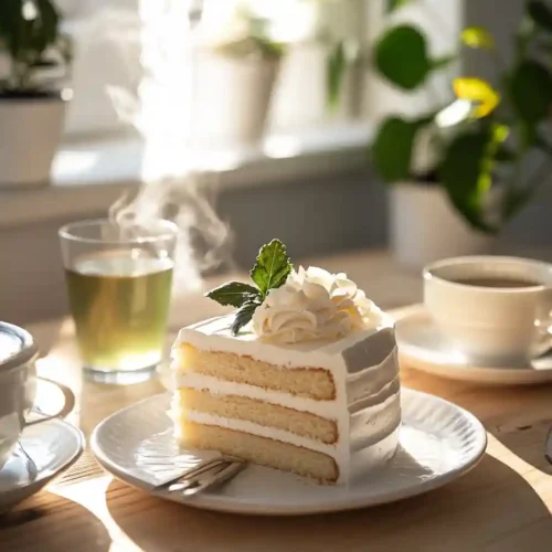 Best Italian Cream Cake You’ll Ever Bake 10 Slice of Italian Cream Cake on a white plate with coffee and green tea in a modern kitchen setting.