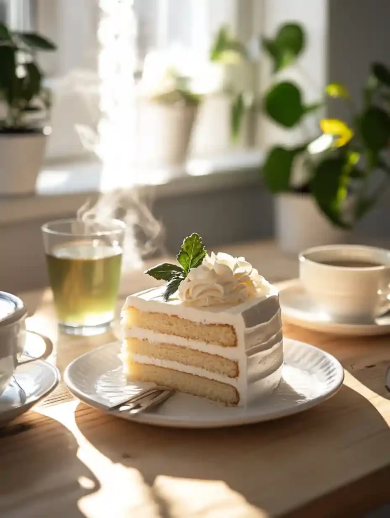 Best Italian Cream Cake You’ll Ever Bake 9 Slice of Italian Cream Cake on a white plate with coffee and green tea in a modern kitchen setting.