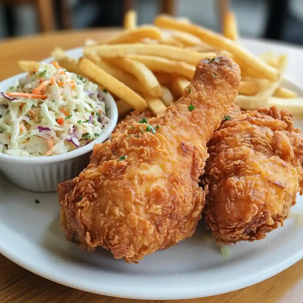 Kennedy Fried Chicken Halal Surprisingly Amazing! 7 Kennedy Fried Chicken Halal plated with fries and coleslaw