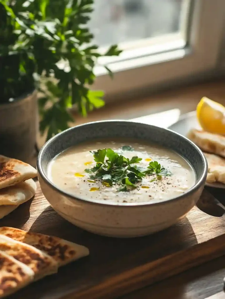 Middle Eastern Lentil Soup Easy, Healthy & Delicious Recipe 3 Close-up of steaming Middle Eastern lentil soup garnished with parsley and olive oil, served with toasted pita bread and lemon wedge in a modern kitchen.