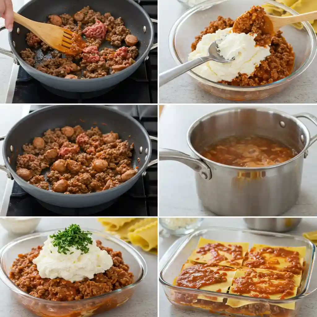 6 Steps to Classic American Beauty Lasagna Everyone Will Love 3 Cooking ground beef, mixing ricotta, boiling noodles, and layering lasagna in baking dish for American Beauty Lasagna.
