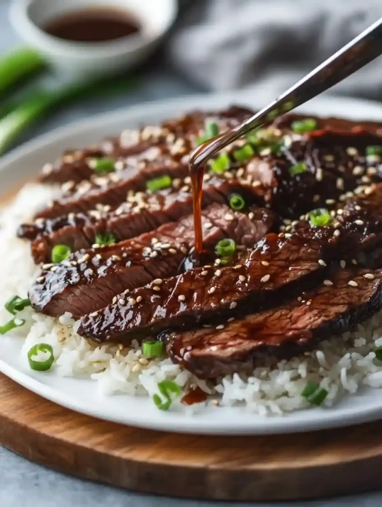 The Ultimate Teriyaki Beef Steak Recipe Guide 3 Sliced teriyaki beef steak arranged on plate with rice, drizzled with sauce and garnished for teriyaki beef steak recipe