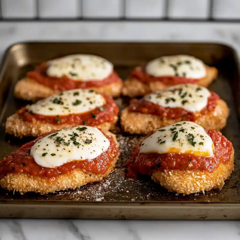 Best Chicken Parmesan Recipe–Easy, Classic & Baked Options 5 Chicken breasts topped with marinara sauce and mozzarella on baking sheet for Chicken Parmesan Recipe.