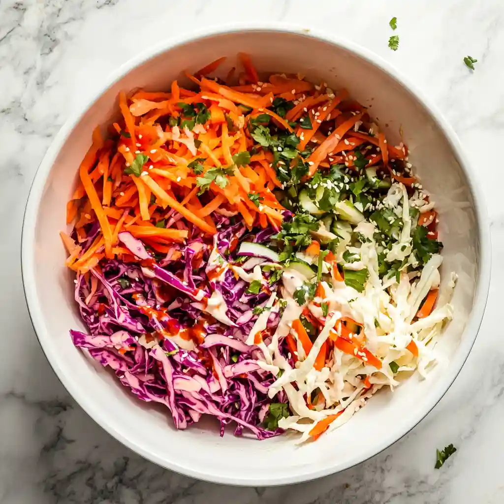 Best Asian Coleslaw Recipe (Simple, Sweet, Crunchy) 5 Tossed Asian coleslaw recipe in white bowl over marble
