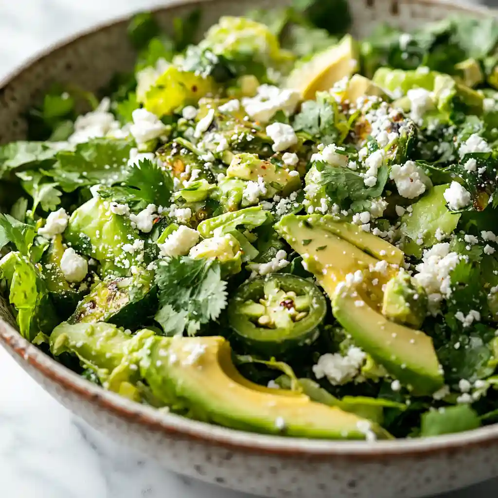 Mexican Caesar Salad 5 Large bowl of Mexican Caesar Salad being gently tossed with dressing and toppings on marble.