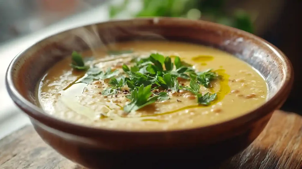 Close-up of steaming Middle Eastern lentil soup garnished with parsley and olive oil in a modern kitchen.