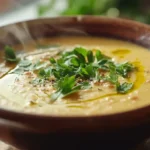 Close-up of steaming Middle Eastern lentil soup garnished with parsley and olive oil in a modern kitchen.