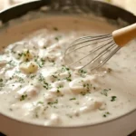 Hello Fresh cream sauce base being whisked in a saucepan with butter, garlic, milk, flour, and Parmesan on a marble countertop