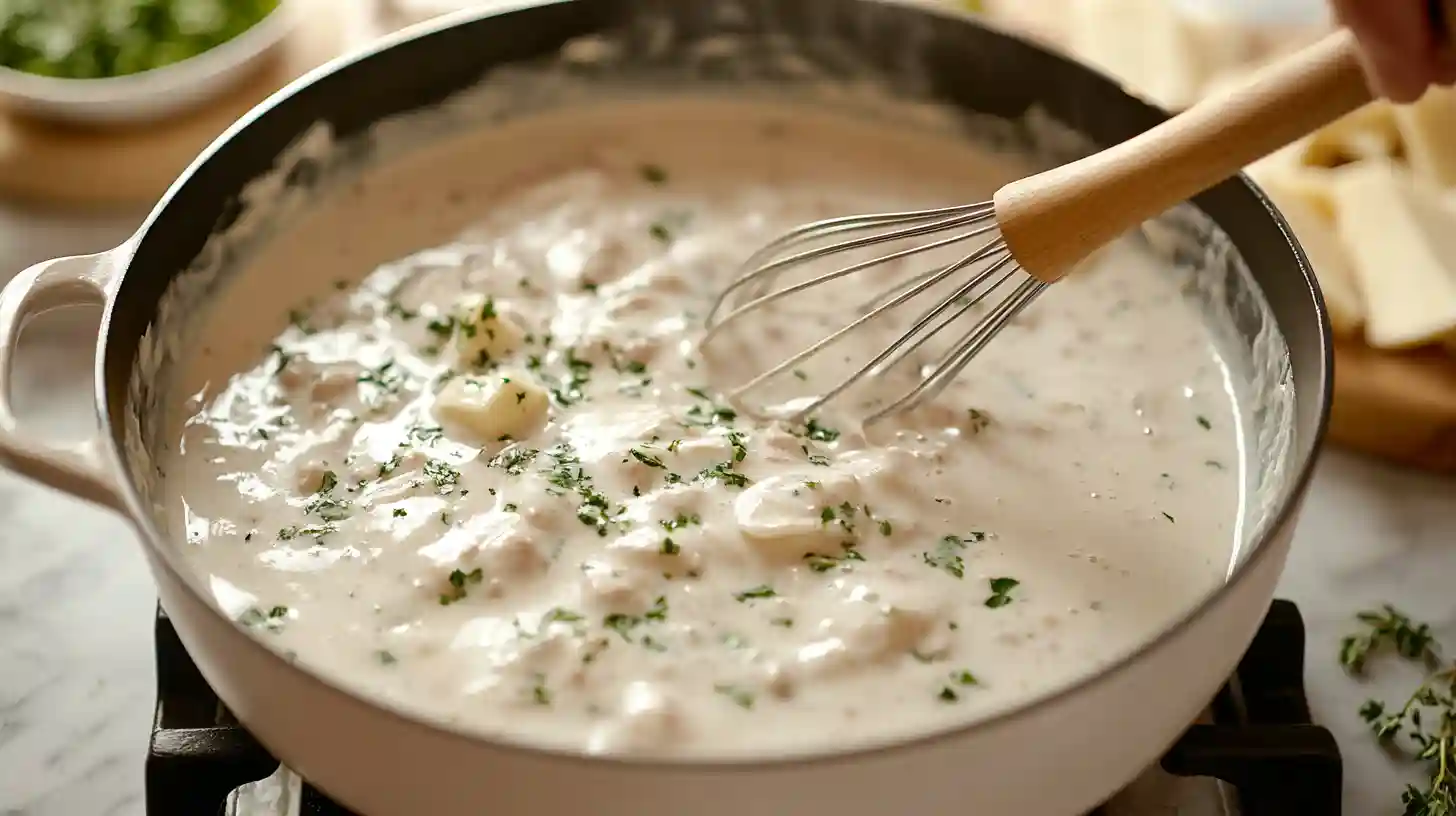 Hello Fresh cream sauce base being whisked in a saucepan with butter, garlic, milk, flour, and Parmesan on a marble countertop