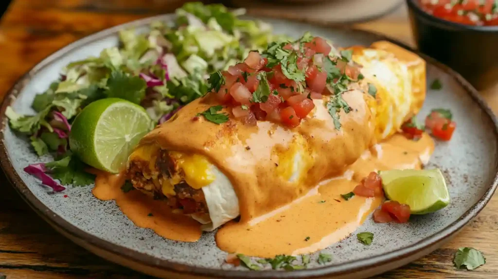 Delicious breakfast burrito topped with creamy breakfast burrito sauce, garnished with cilantro and lime, served with a side salad and salsa