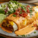 Delicious breakfast burrito topped with creamy breakfast burrito sauce, garnished with cilantro and lime, served with a side salad and salsa
