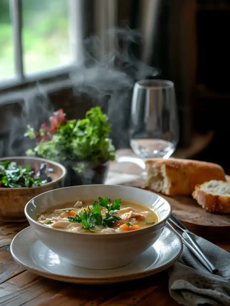 Grandma Chicken Soup A Timeless Classic for Every Kitchen 6 A steaming bowl of Grandma Chicken Soup served with rustic bread and a side salad.