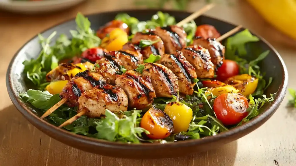 Delicious BBQ Chicken Skewer Salad Recipe for Summer Bliss 1 Close-up of a colorful BBQ chicken skewer salad with grilled chicken, mixed greens, cherry tomatoes, and bell peppers on a rustic plate in a modern kitchen.