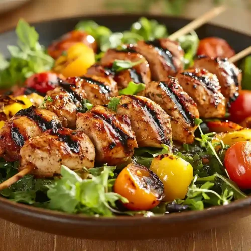 Delicious BBQ Chicken Skewer Salad Recipe for Summer Bliss 5 Close-up of a colorful BBQ chicken skewer salad with grilled chicken, mixed greens, cherry tomatoes, and bell peppers on a rustic plate in a modern kitchen.