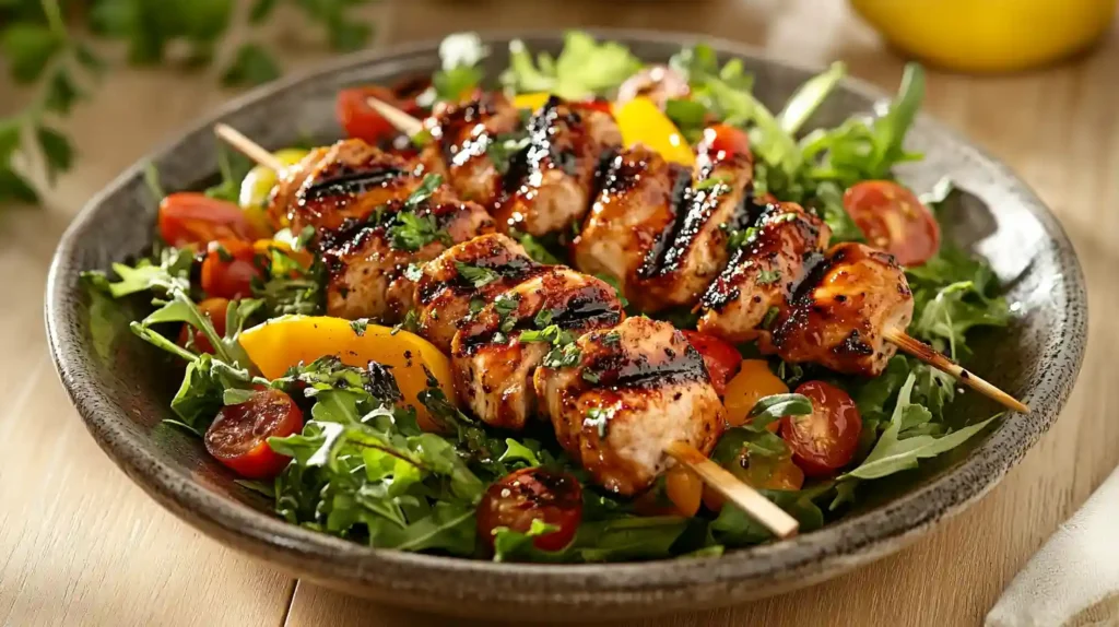 Close-up of a colorful BBQ chicken skewer salad with grilled chicken, mixed greens, cherry tomatoes, and bell peppers on a rustic plate in a modern kitchen.