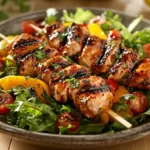 Close-up of a colorful BBQ chicken skewer salad with grilled chicken, mixed greens, cherry tomatoes, and bell peppers on a rustic plate in a modern kitchen.