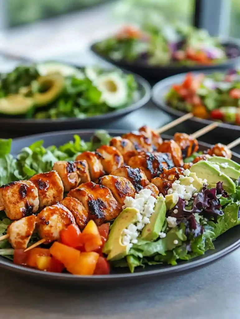 Delicious BBQ Chicken Skewer Salad Recipe for Summer Bliss 4 Different BBQ chicken skewer salad plates featuring buffalo sauce and avocado toppings in a modern kitchen.