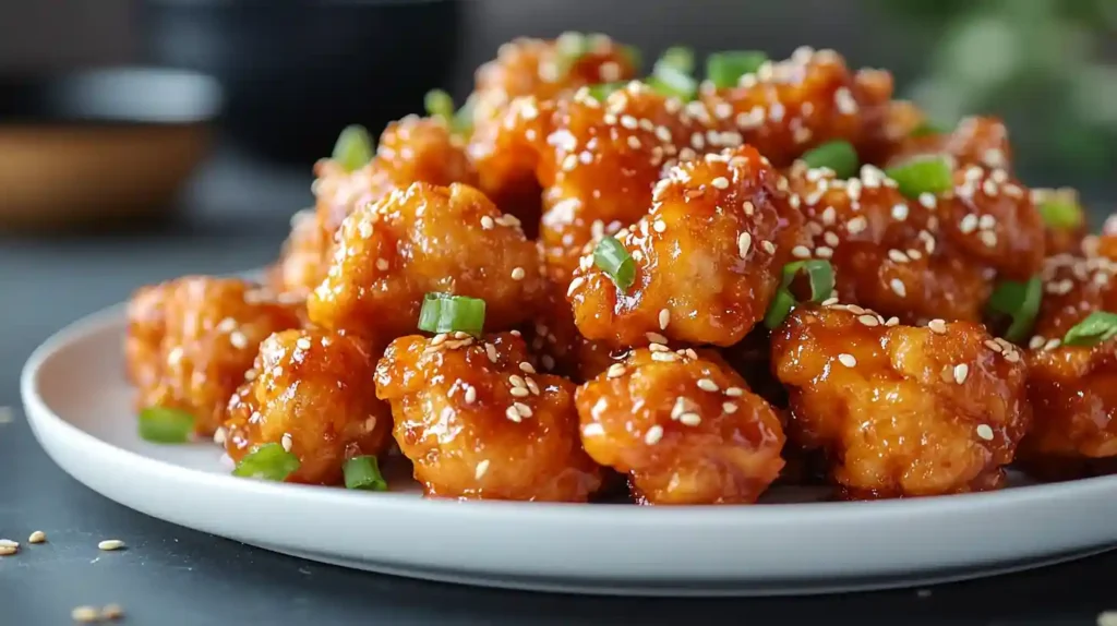 Irresistible Crispy Baked Orange Chicken – Healthy & Delicious 1 Crispy baked orange chicken with sesame seeds, green onions, served in a modern kitchen