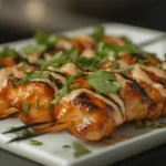 Grilled Bang Bang Chicken Skewers on white plate with lime and cilantro in a bright modern kitchen.